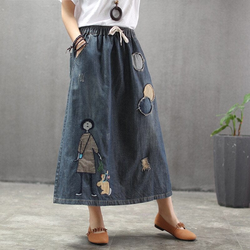 Buddha Trends Skirts Embroidered Patchwork Kawaii Denim Skirt