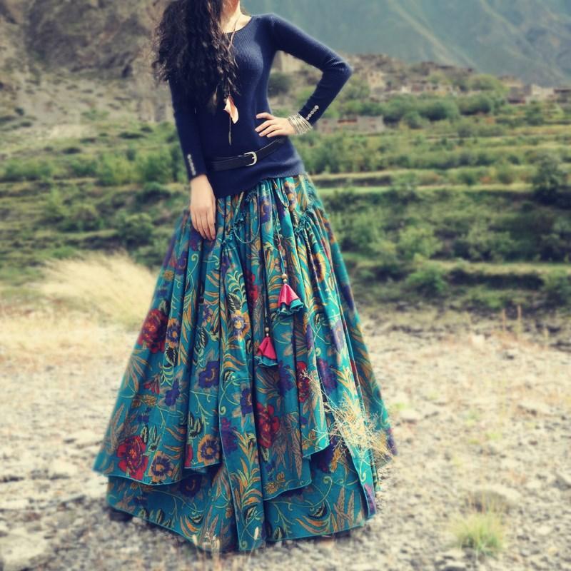 Buddha Trends Skirts Green / S Floral Print Bohemian Pleated Maxi Skirt
