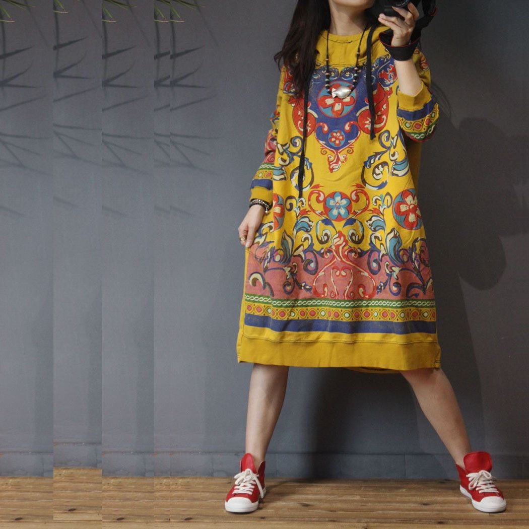 Buddha Trends Sweater Dresses Yellow / One Size Floral Tribal Sweater Dress