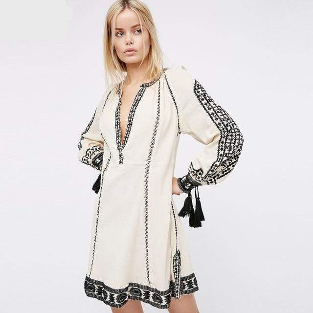 Buddha Trends White / L Gemini Embroidery V-Neck Boho Mini Dress