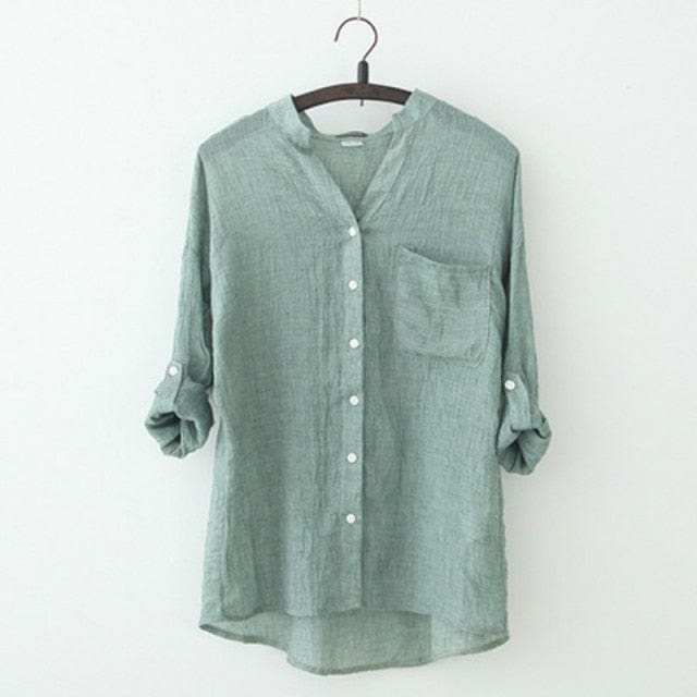 Buddha Trends XXL / Green Vintage Button Up Cotton Linen Blouse