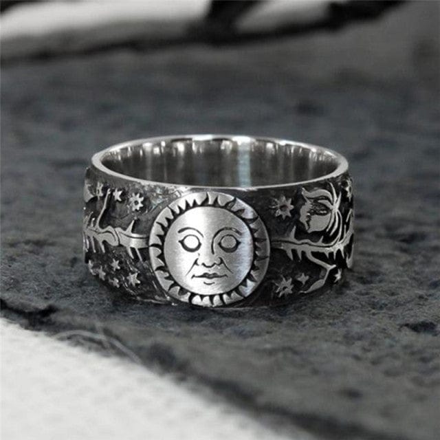 Buddhatrends 10 / silver colour Carved Sun & Moon Ring
