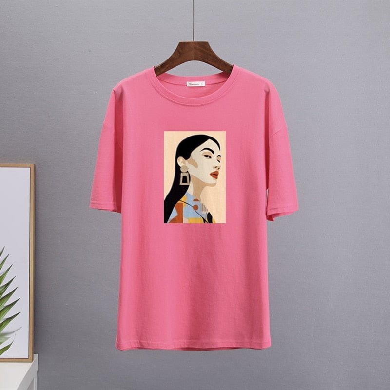 Buddhatrends 4-Rose Red / XXL Cartoon Summer Printed O-Neck Shirt