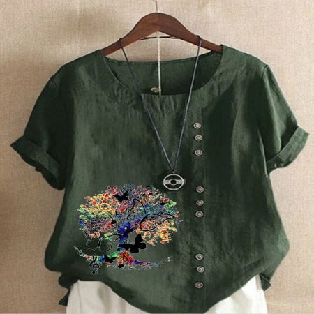 Buddhatrends Army Green / S Jania Tree Printed O-Neck Blouse