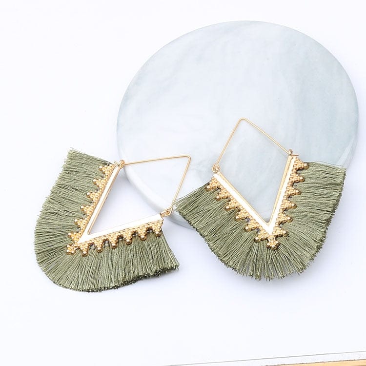 Buddhatrends ArmyGreen Bohemia Long Pendant Tassel Earrings