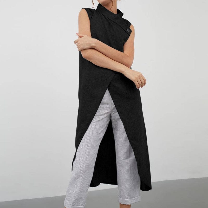 Buddhatrends Asymmetrical Sleeveless Button Down Tunic