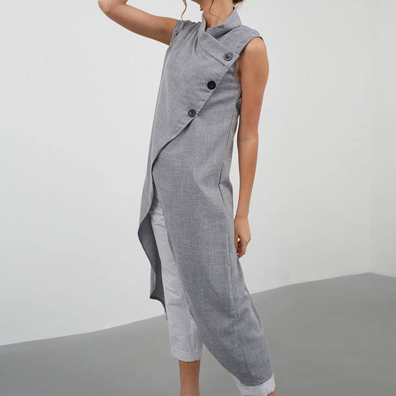 Buddhatrends Asymmetrical Sleeveless Button Down Tunic