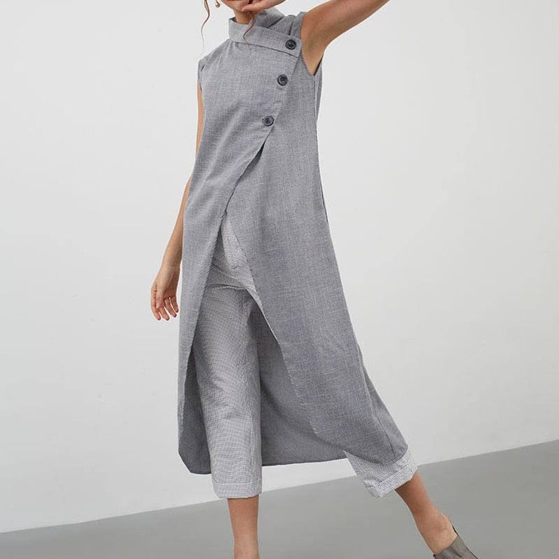 Buddhatrends Asymmetrical Sleeveless Button Down Tunic