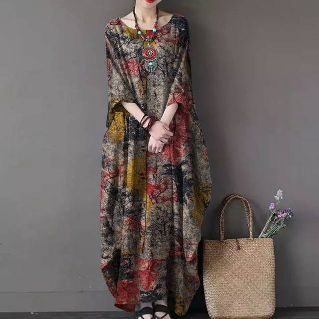 Buddhatrends B Red / XL Delylah Vintage Printed Maxi Sundress