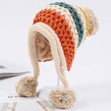 Buddhatrends Beanie Hats Beige Pompom Colorful Beanie Hat