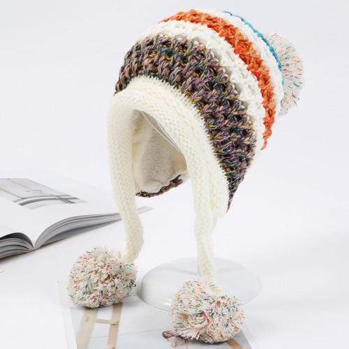 Buddhatrends Beanie Hats Ivory Pompom Colorful Beanie Hat