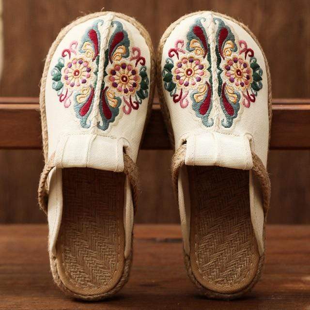 Buddhatrends Beige / 6 Asian Embroidery Hemp & Cotton Loafers