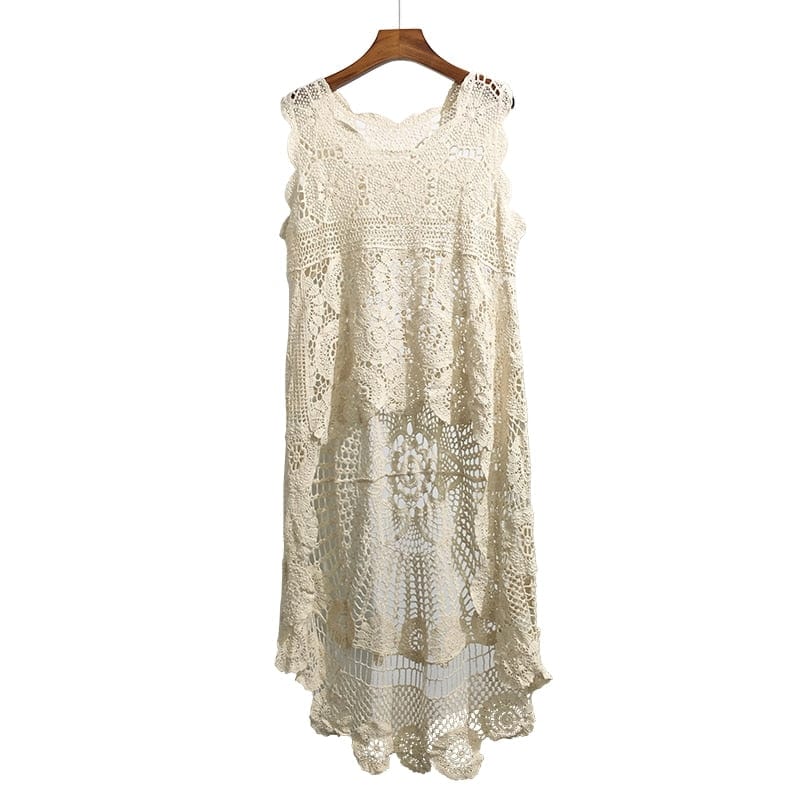 Buddhatrends Beige / One Size Bikini Cover Up Sleeveless Hollow Dress