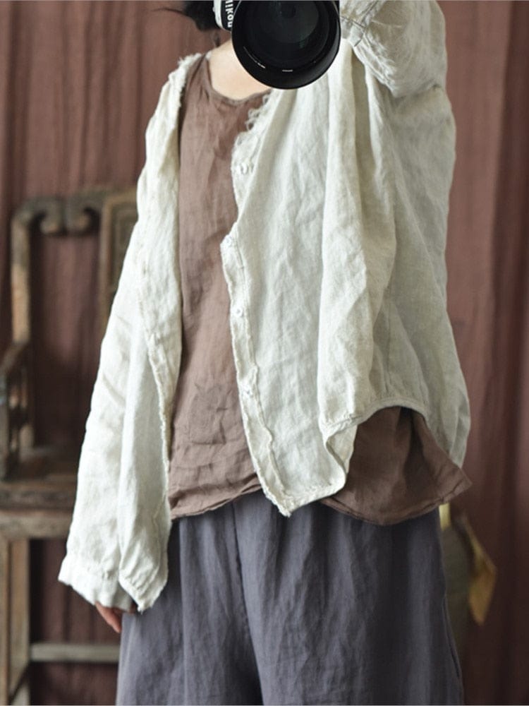 Buddhatrends Beige / One Size Loose Linen Ripped Coat