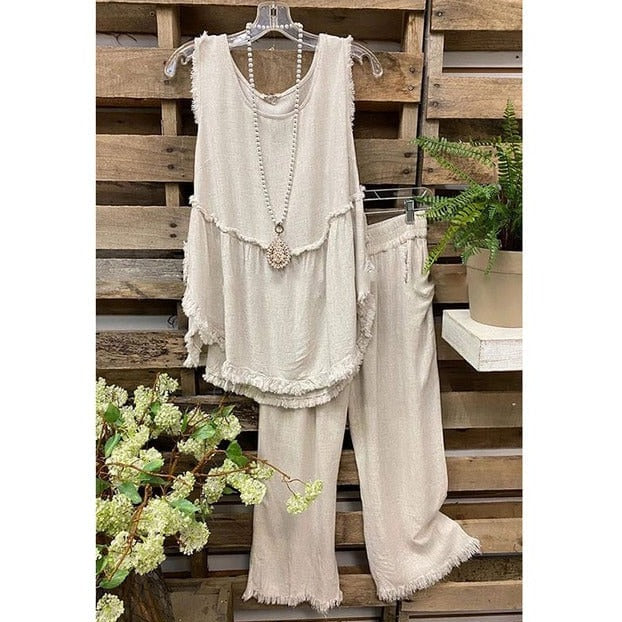 Buddhatrends Beige / XL Cotton Linen Vest And  Wide Leg Pants Set