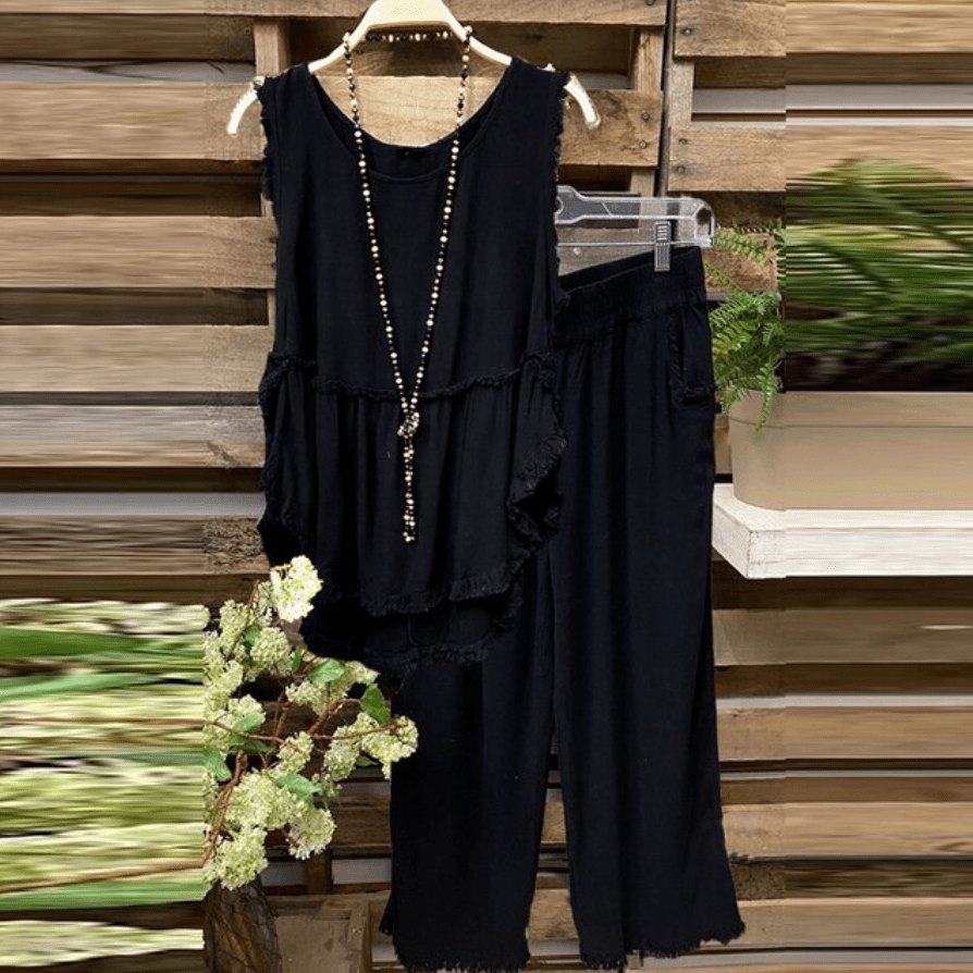 Buddhatrends Black / 3XL Clara Cotton Linen Tank Top + Matching Pants