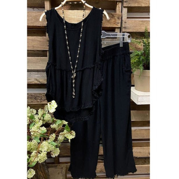 Buddhatrends Black / 3XL Cotton Linen Vest And  Wide Leg Pants Set