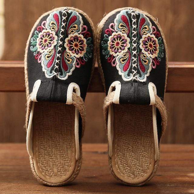 Buddhatrends Black / 8.5 Asian Embroidery Hemp & Cotton Loafers
