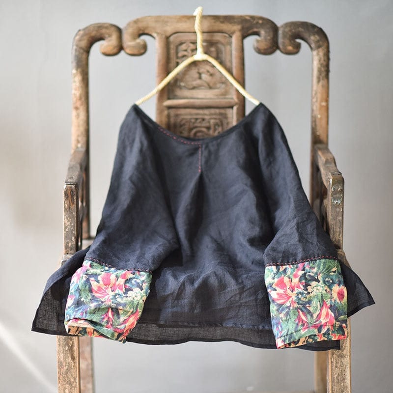 Buddhatrends Black-Green Sleeve / L Loose Retro Patchwork Ramie Blouse