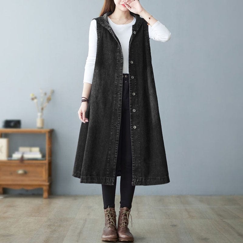 Buddhatrends Black / L Sleeveless Hooded Denim Vest Coat