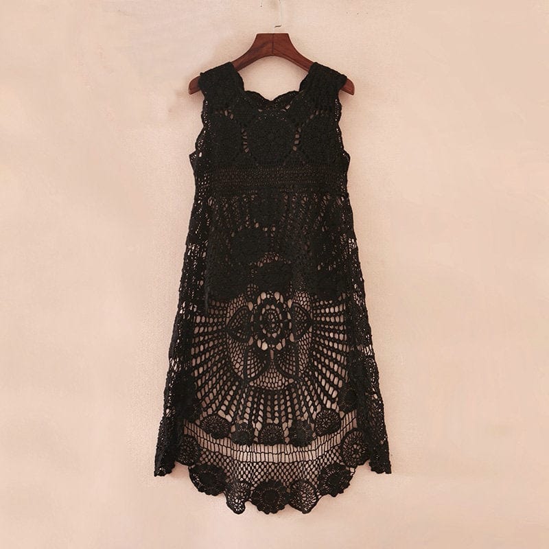 Buddhatrends black / One Size Bikini Cover Up Sleeveless Hollow Dress