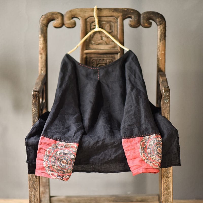 Buddhatrends Black-Red Sleeve / S Loose Retro Patchwork Ramie Blouse
