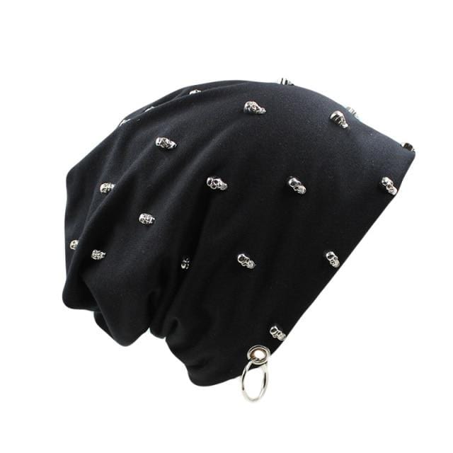 Buddhatrends Black Skulls and Bones Studded Beanie Hat