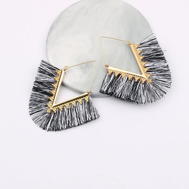 Buddhatrends Black White Bohemia Long Pendant Tassel Earrings