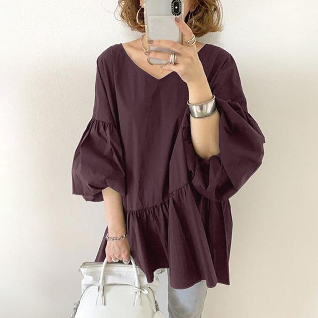 Buddhatrends Blouse Claret / XL Daisy Puff Sleeve Ruffled Top