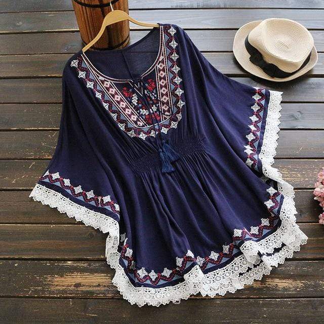 Buddhatrends Blouse Navy Blue / One Size Bohemian Embroidered Blouse