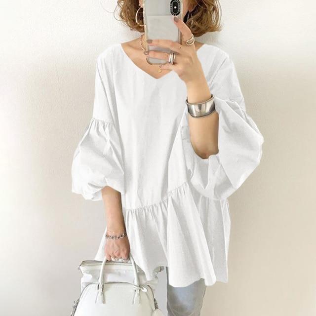 Buddhatrends Blouse White / XXL Daisy Puff Sleeve Ruffled Top