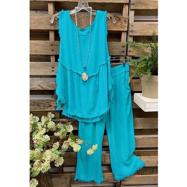 Buddhatrends Blue / M Cotton Linen Vest And  Wide Leg Pants Set