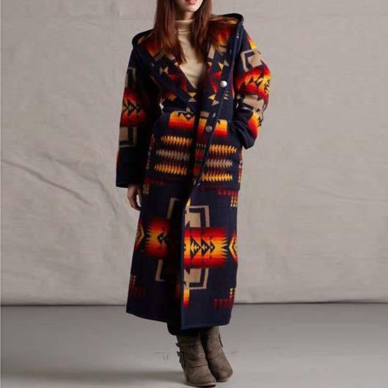 Buddhatrends Blue / S Boho Printed Hooded Long Coat
