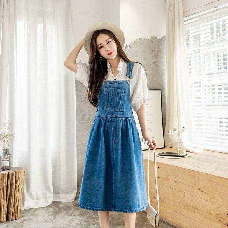 denim tank dress Patchwork Scoop Neck Royal Blue / S catching pattern Denim Sleeveless A-Line Tank Dress