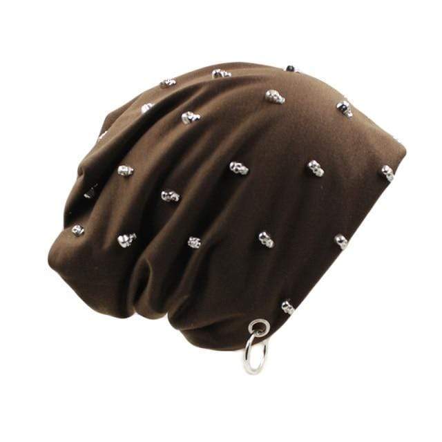 Buddhatrends Brown Skulls and Bones Studded Beanie Hat