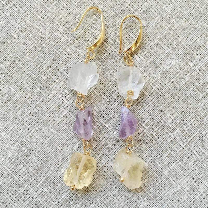 Buddhatrends Clear Quartz Amethysts & Citrine Drop Earrings