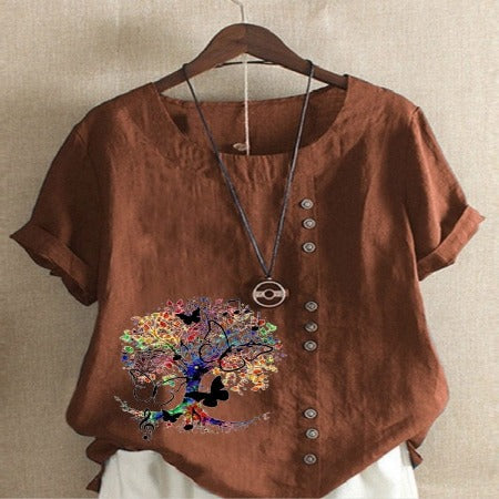 Buddhatrends Coffee / S Jania Tree Printed O-Neck Blouse