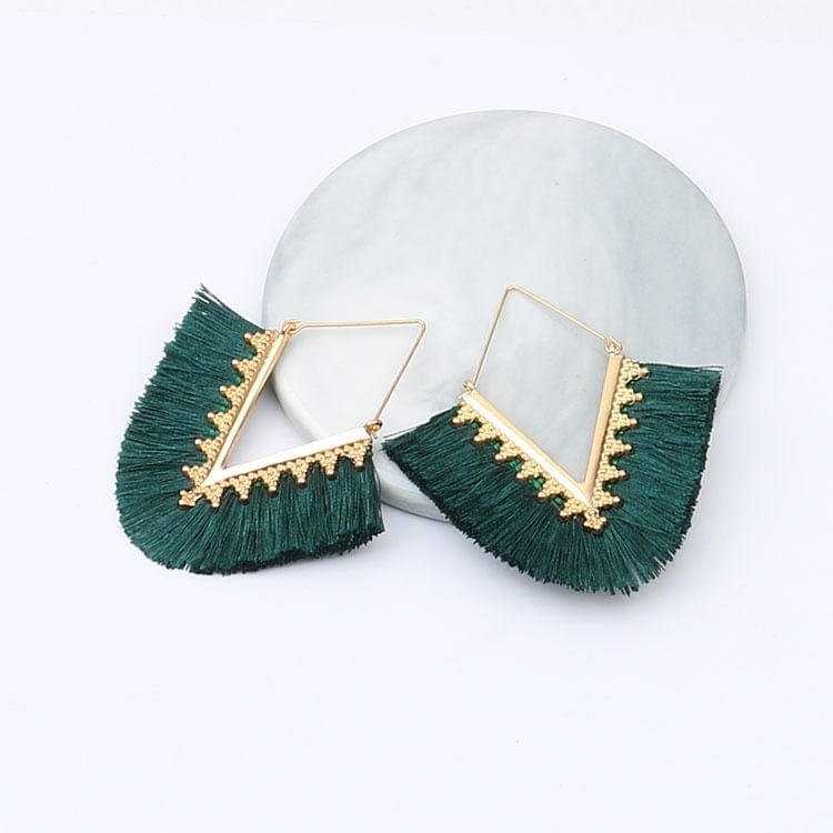 Buddhatrends Dark Green Bohemia Long Pendant Tassel Earrings