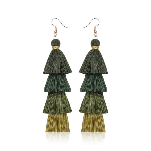 Buddhatrends Dark Green Multilayer Bohemian Tassel Earrings