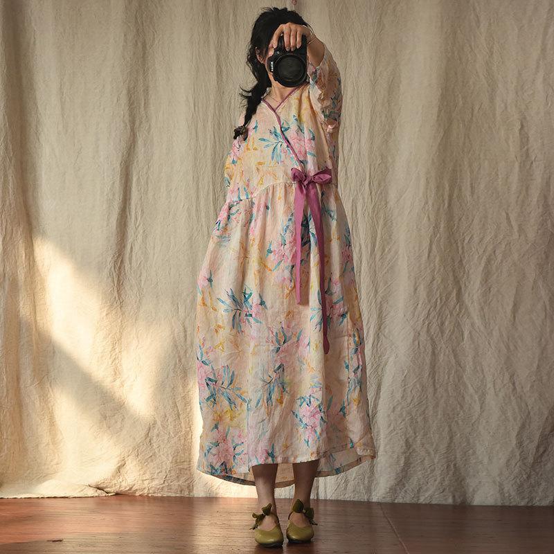 Buddhatrends Dress Bamboon pattern / One Size Zen Flower Oversized Ramie Dress | Zen