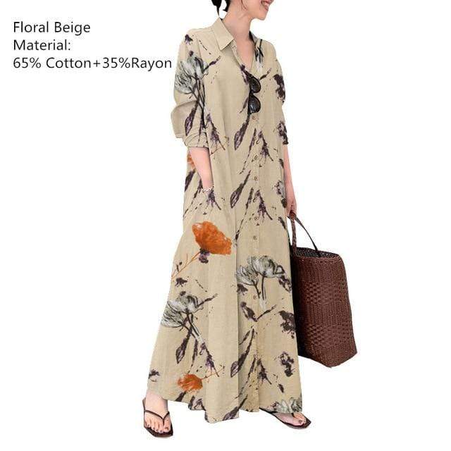 Buddhatrends Dress Beige / XXL Magnolia Button Down Shirt Dress