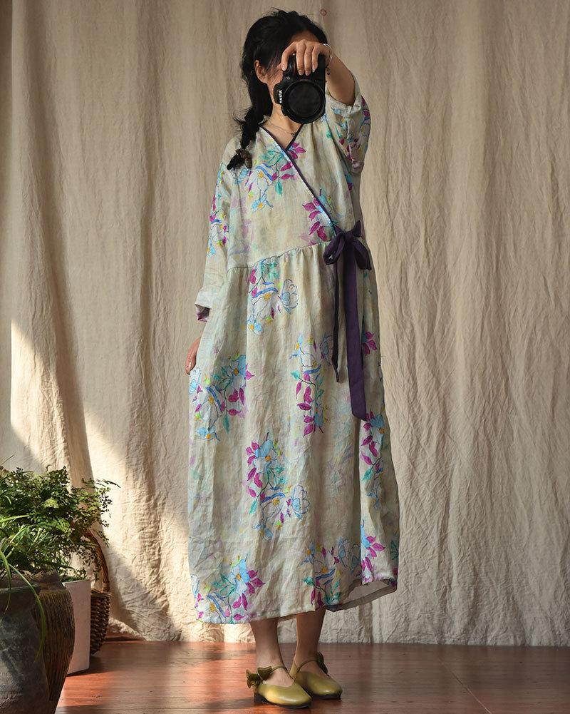 Buddhatrends Dress green / One Size Zen Flower Oversized Ramie Dress | Zen