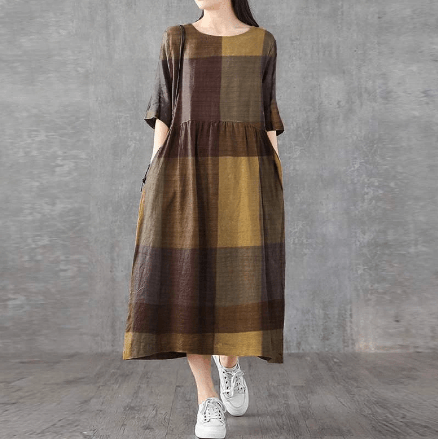 Buddhatrends Dresses Lina Vintage Plaid Midi Dress