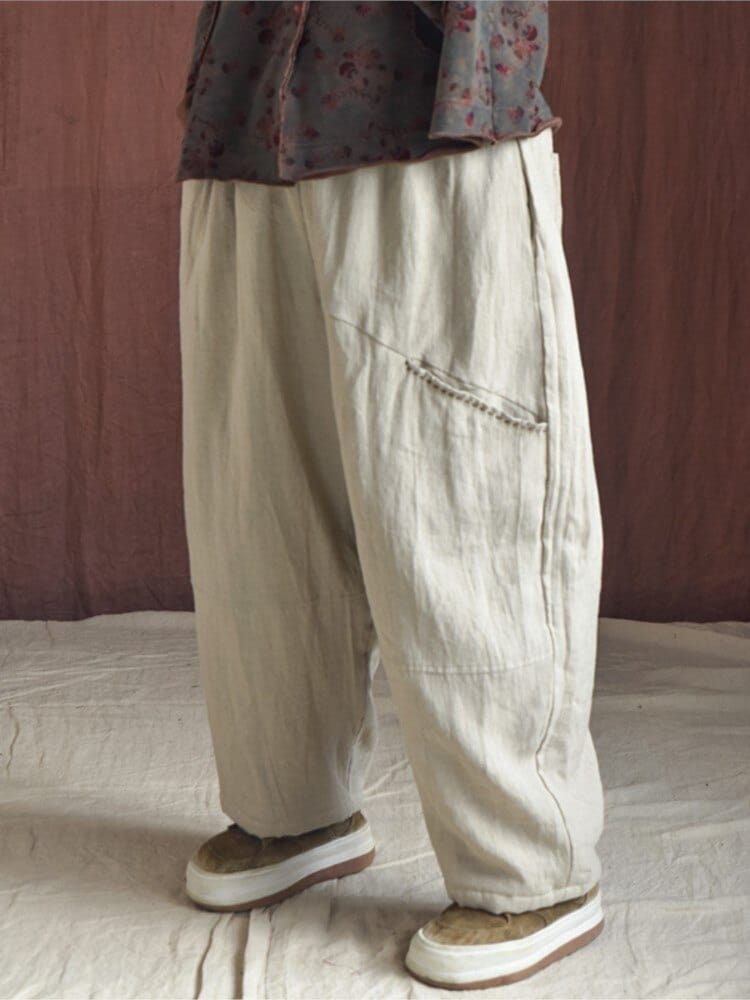 Buddhatrends Elastic Waist Linen Padded Pants
