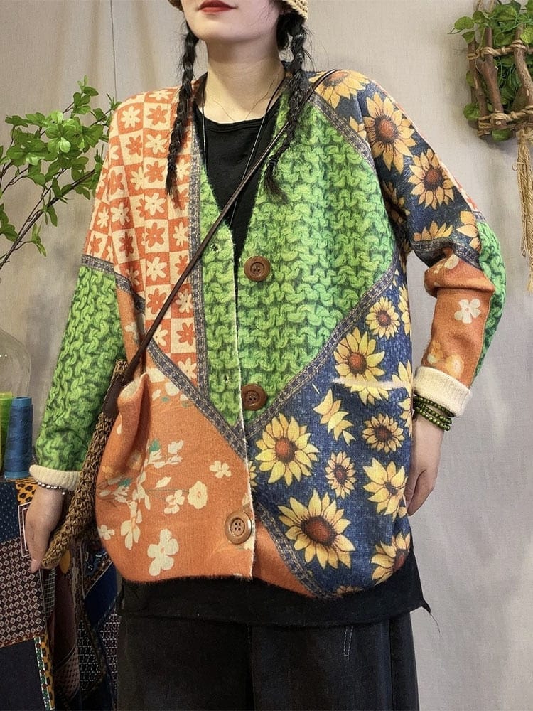 Buddhatrends Floral Knitted Loose Cardigan
