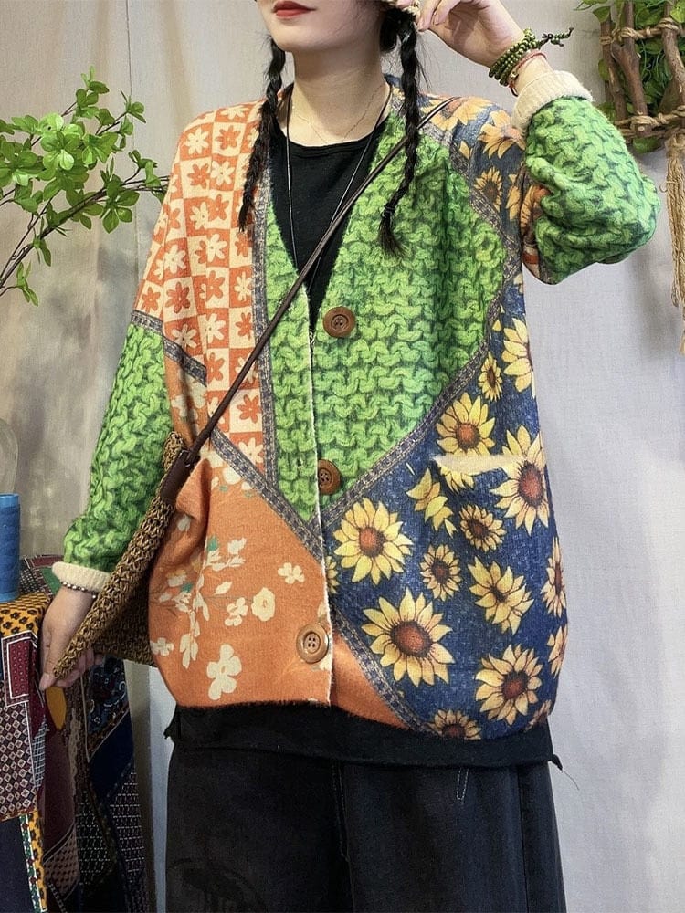Buddhatrends Floral Knitted Loose Cardigan