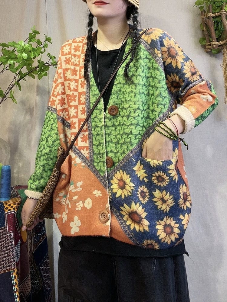 Buddhatrends Floral Knitted Loose Cardigan