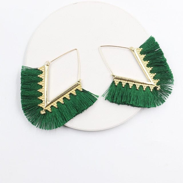 Buddhatrends Grass Green Bohemia Long Pendant Tassel Earrings