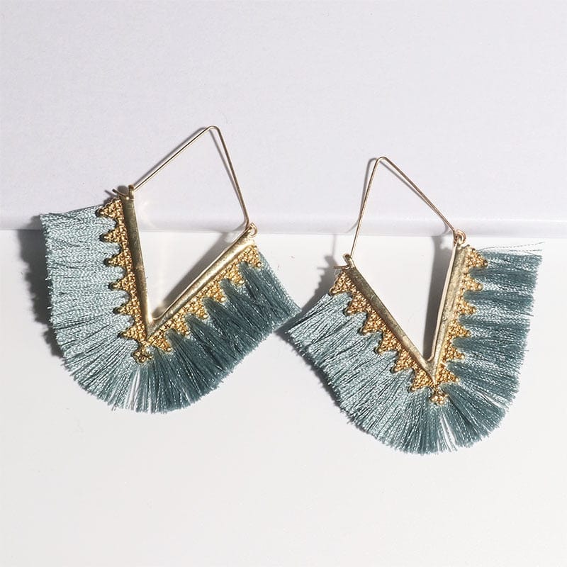 Buddhatrends Gray Blue Bohemia Long Pendant Tassel Earrings