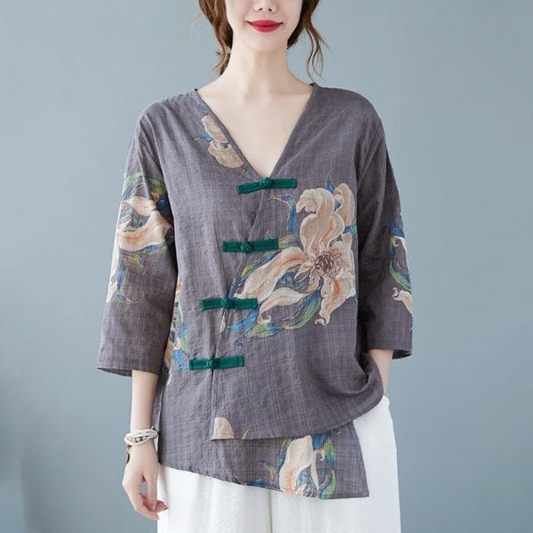 Buddhatrends Gray / L Kim Floral Linen Oversized Blouse